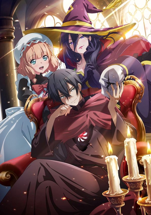 1boy, 2girls, apron, black_dress, black_hair, black_tunic, blonde_hair, blue_eyes, blush, candlestand, cape, cefiro_(maougun_saikyou_no_majutsushi_wa_ningen_datta), closed_mouth, crossed_legs, dress, hand_up, hat, ike_(maougun_saikyou_no_majutsushi_wa_ningen_datta), long_hair, looking_at_viewer, maid, maid_apron, maid_headdress, makeup, maougun_saikyou_no_majutsushi_wa_ningen_datta, mask, multiple_girls, non-web_source, official_art, open_mouth, purple_cape, purple_dress, red_ribbon, removing_mask, ribbon, satie_(maougun_saikyou_no_majutsushi_wa_ningen_datta), sitting, smile, throne, very_long_hair, violet_eyes, white_eyes, witch_hat