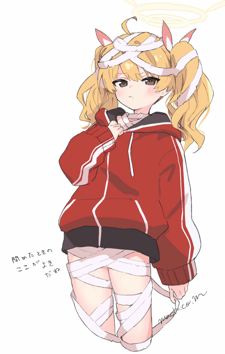 1girl, :<, ahoge, bandaged_head, bandaged_leg, bandages, blonde_hair, blue_archive