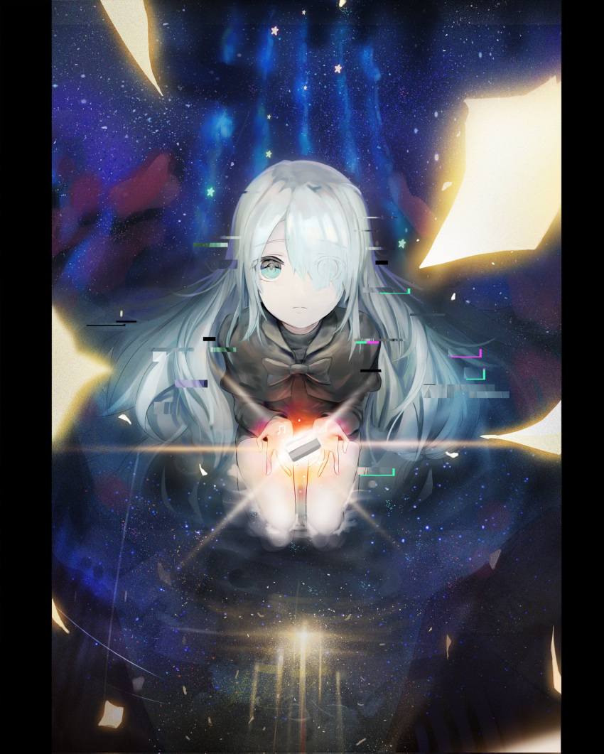 1girl, black_capelet, black_dress, capelet, dress, hair_ornament, hairpin, highres, long_hair, long_sleeves, looking_at_viewer, noir_(noworld), non6534, noworld, piano_keys, virtual_youtuber, white_hair