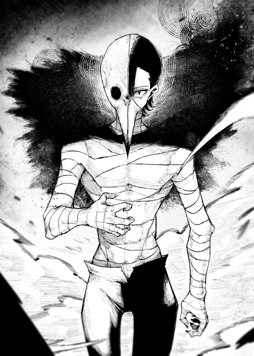 1boy, absurdres, bandaged_arm, bandaged_torso, bandages, bestial_choujin, bird_skull, cape