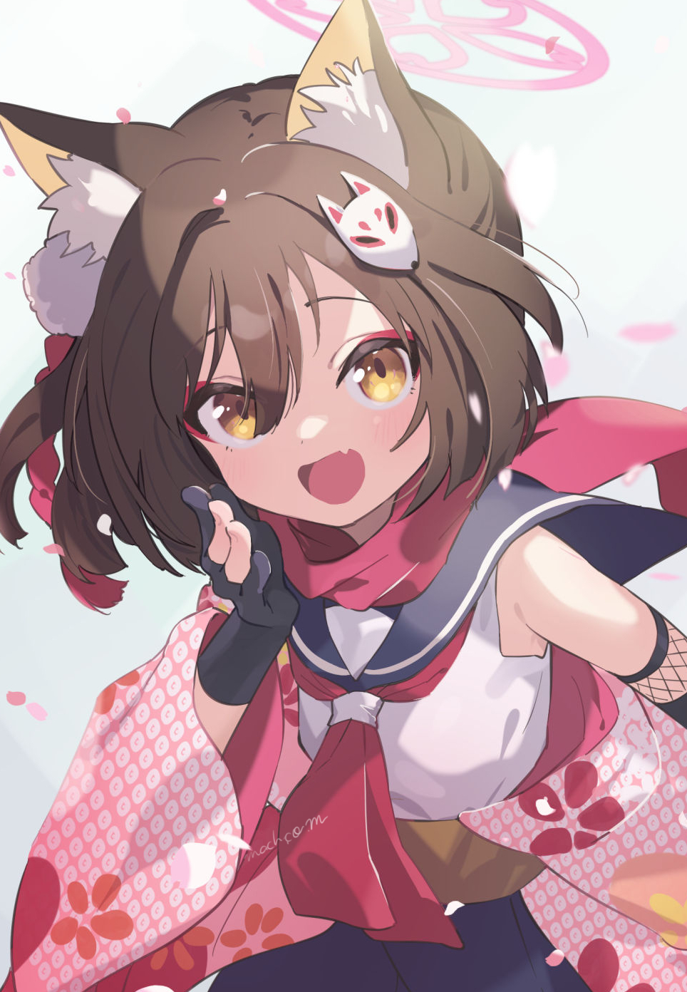 1girl, :d, animal_ear_fluff, animal_ears, black_gloves, blue_archive, blue_sailor_collar, blue_skirt