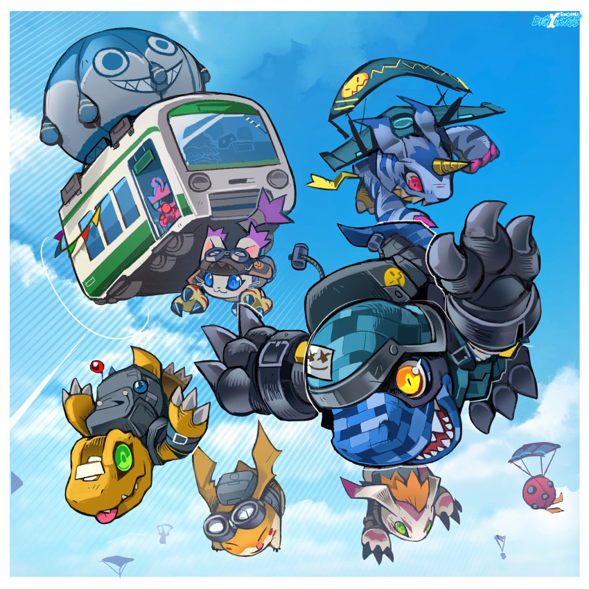 agumon, botamon, cat, commandramon, digimon, digimon_(creature), english_commentary, falling