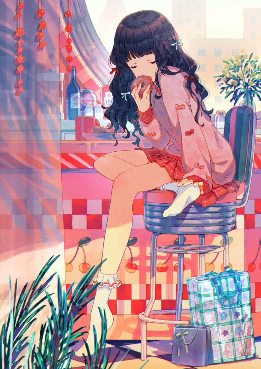 1girl, bag, black_hair, blunt_bangs, bobby_socks, closed_eyes, counter, cup