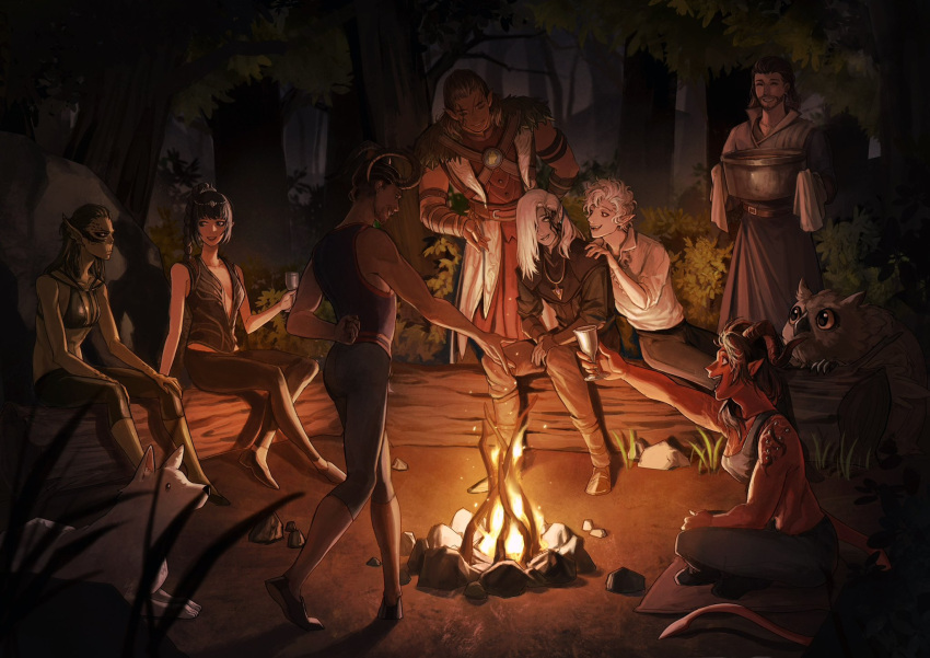 4boys, 4girls, ^_^, animal, arm_behind_back, astarion, baldur's_gate, baldur's_gate_3