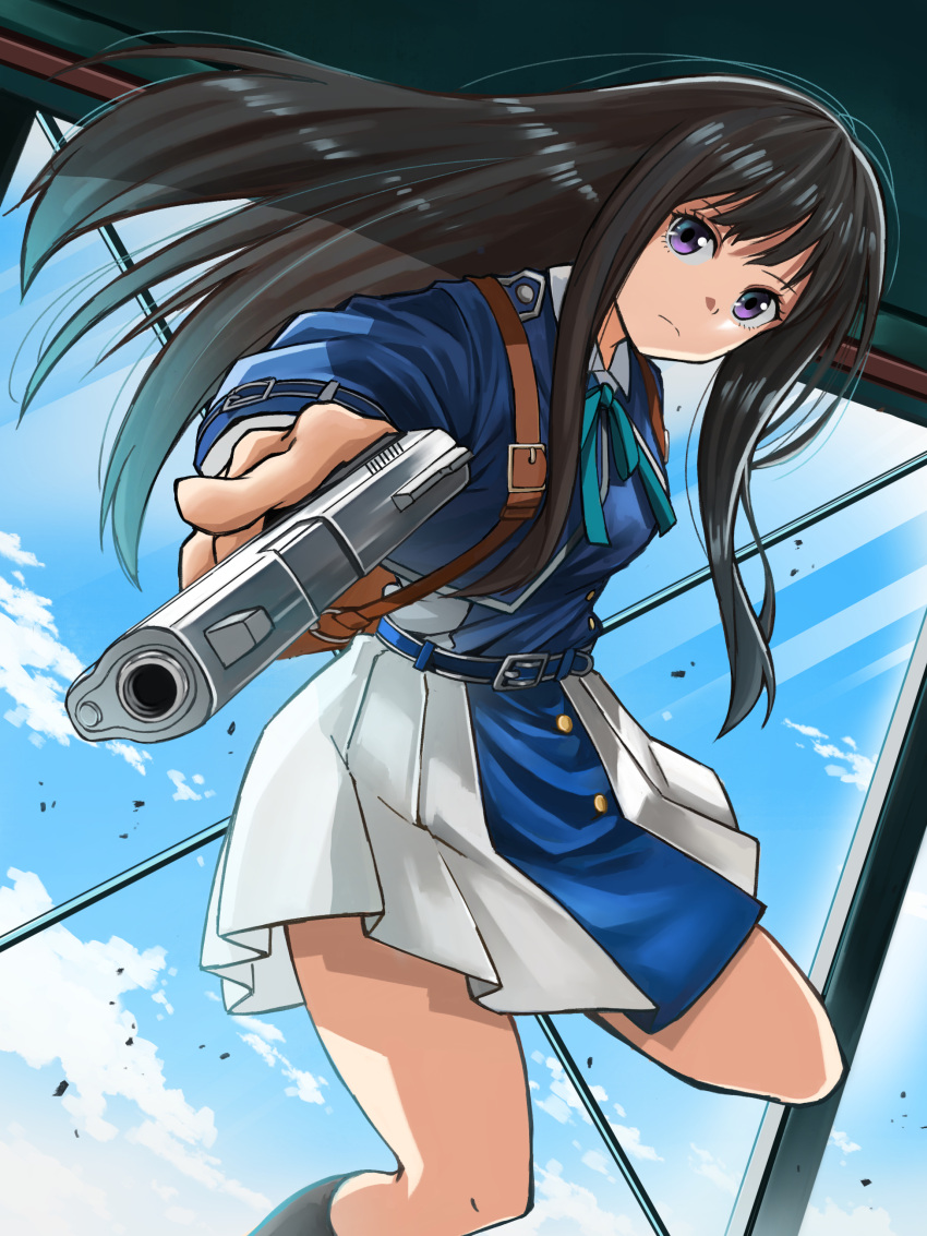 1girl, absurdres, belt, black_hair, blue_belt, blue_dress, blue_ribbon, blue_sky, closed_mouth, commentary_request, day, dress, eyelashes, floating_hair, foot_out_of_frame, foreshortening, frown, grey_dress, gun, hair_between_eyes, handgun, highres, holding, holding_gun, holding_weapon, indoors, inoue_takina, long_hair, long_sleeves, looking_at_viewer, lycoris_recoil, lycoris_uniform, neck_ribbon, nihil29, outstretched_arm, pleated_dress, pointing, pointing_at_viewer, ribbon, sidelocks, sky, solo, split_mouth, straight_hair, two-tone_dress, very_long_hair, violet_eyes, weapon, window
