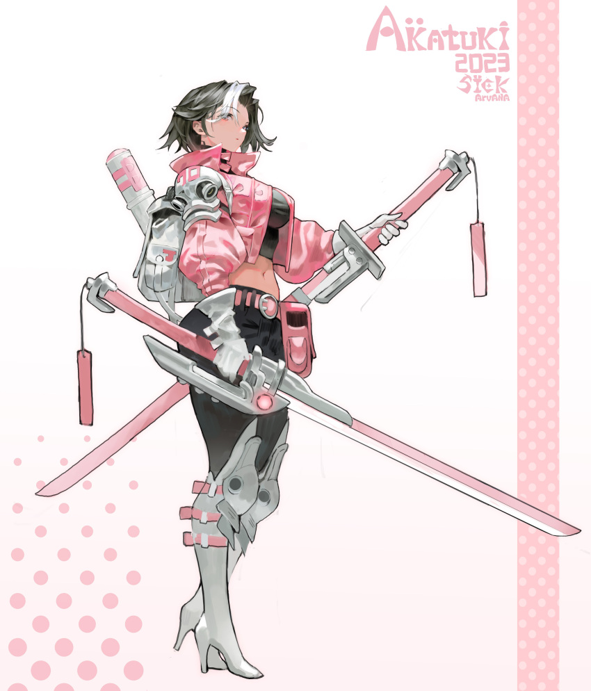 1girl, absurdres, arowana2111, backpack, bag, belt, black_hair, breasts