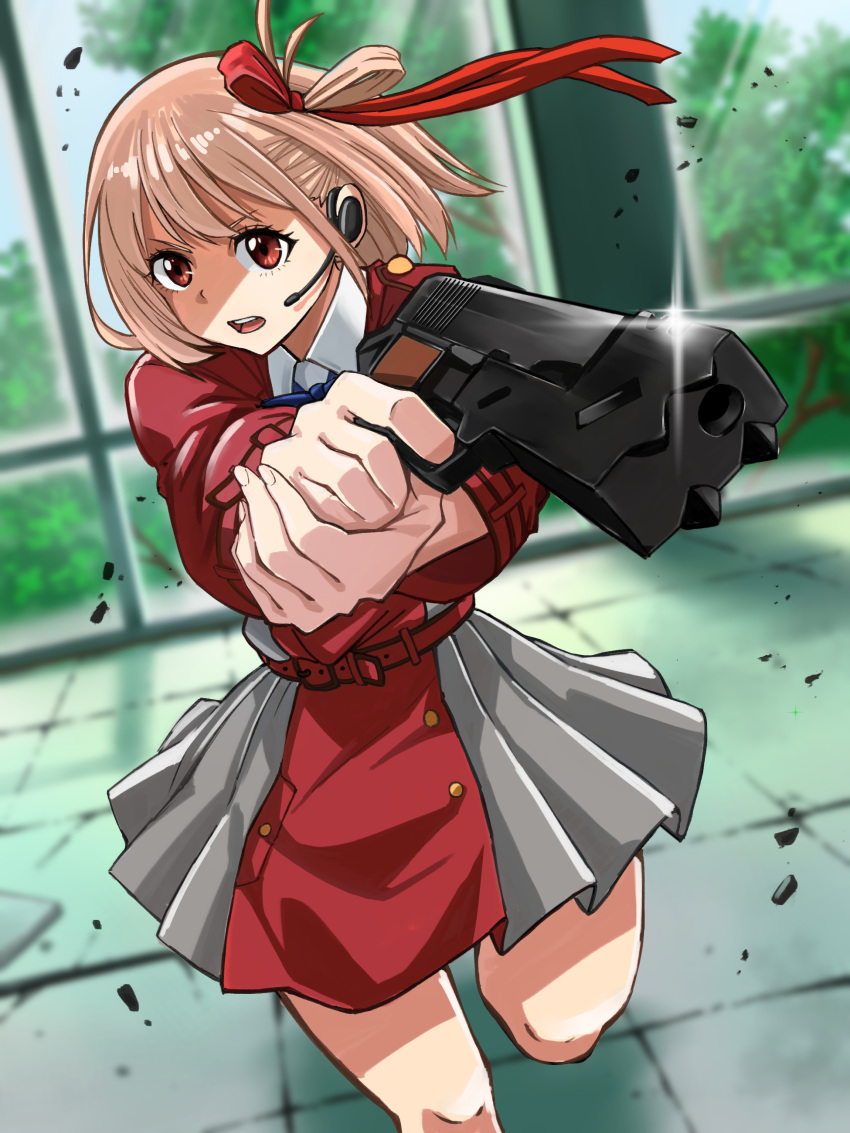1girl, absurdres, belt, blonde_hair, blurry, blurry_background, commentary_request, cowboy_shot, day, dress, earpiece, eyelashes, floating_hair, foreshortening, grey_dress, gun, hair_between_eyes, hair_ribbon, handgun, highres, holding, holding_gun, holding_weapon, indoors, long_sleeves, looking_at_viewer, lycoris_recoil, lycoris_uniform, nihil29, nishikigi_chisato, one_side_up, open_mouth, outstretched_arms, own_hands_together, pleated_dress, pointing, pointing_at_viewer, red_belt, red_dress, red_eyes, red_ribbon, ribbon, serious, short_hair, solo, standing, standing_on_one_leg, teeth, two-tone_dress, upper_teeth_only, v-shaped_eyebrows, weapon