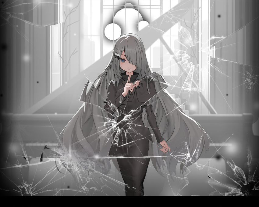 1girl, absurdres, black_capelet, black_dress, broken_glass, capelet, dress, glass