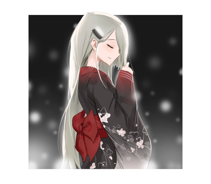 1girl, black_capelet, black_dress, black_kimono, capelet, dress, hair_ornament, hairpin