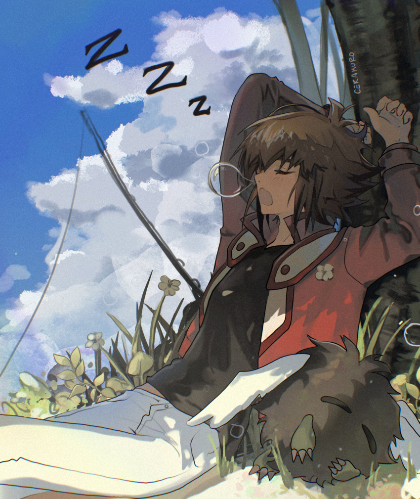 1boy, against_tree, black_shirt, body_fur, brown_fur, brown_hair, cerakuro, commentary, grass, highres, jacket, male_focus, medium_hair, open_clothes, open_jacket, open_mouth, outdoors, pants, red_jacket, shirt, sleeping, symbol-only_commentary, tree, white_pants, winged_kuriboh, yu-gi-oh!, yu-gi-oh!_gx, yuki_judai