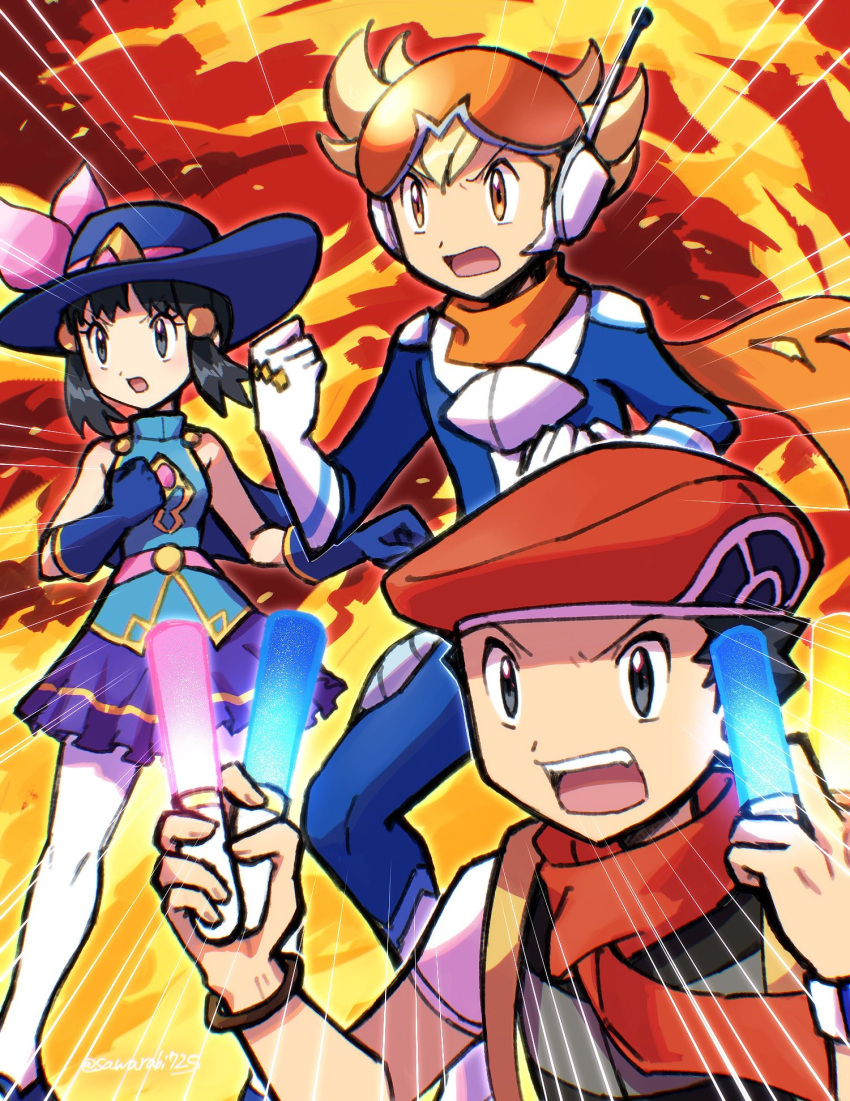 1girl, 2boys, barry_(pokemon), barry_(special_costume)_(pokemon), blonde_hair, blue_bodysuit, blue_gloves, blue_hat