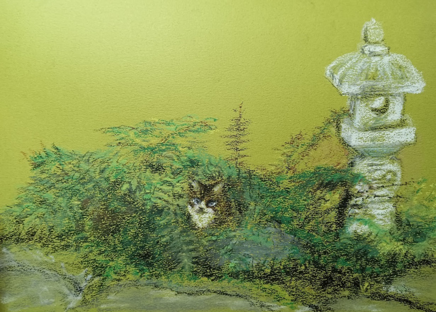 animal, animal_focus, bush, cat, green_background, hiding, knt20203, looking_at_viewer