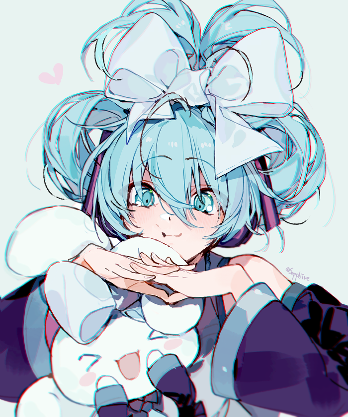 1girl, bare_shoulders, blue_eyes, blue_hair, blue_necktie, bow, cinnamiku, cinnamoroll