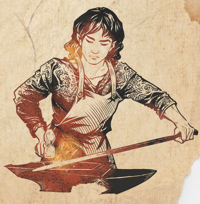 1boy, anvil, black_hair, blacksmith, brown_background, feanor, hammer, highres