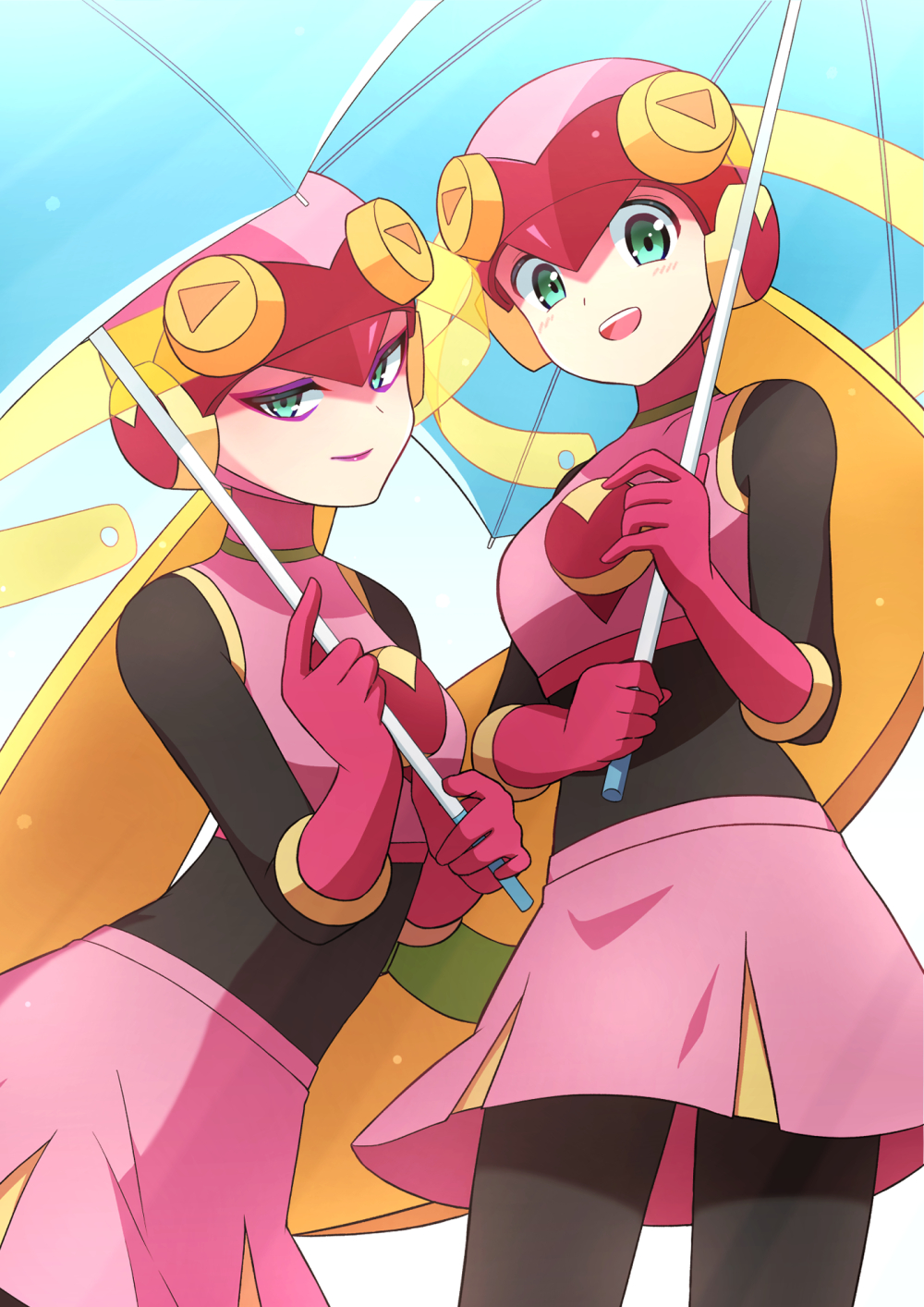 2girls, black_bodysuit, blonde_hair, bodysuit, crop_top, dark_persona, dual_persona, gloves