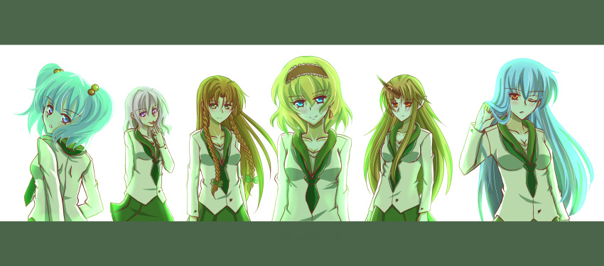 alice_margatroid, blonde_hair, blue_hair, earrings, highres, hong_meiling, horn, hoshiguma_yuugi