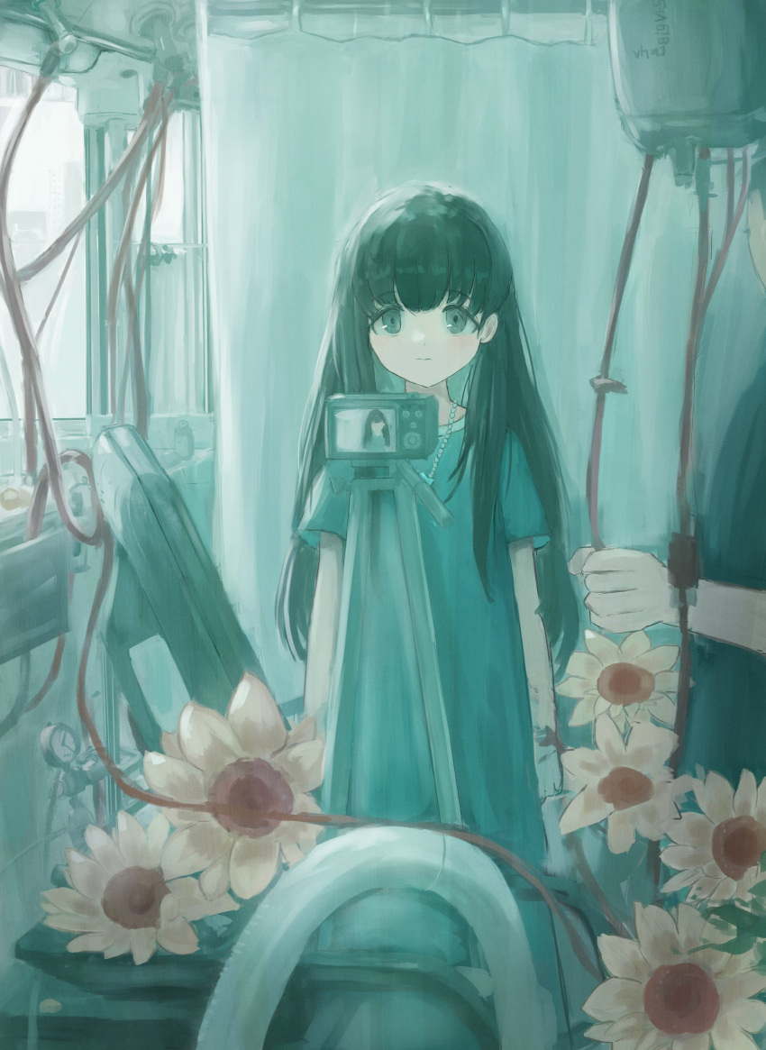 1girl, 1other, absurdres, black_hair, camera, closed_mouth, curtains, day