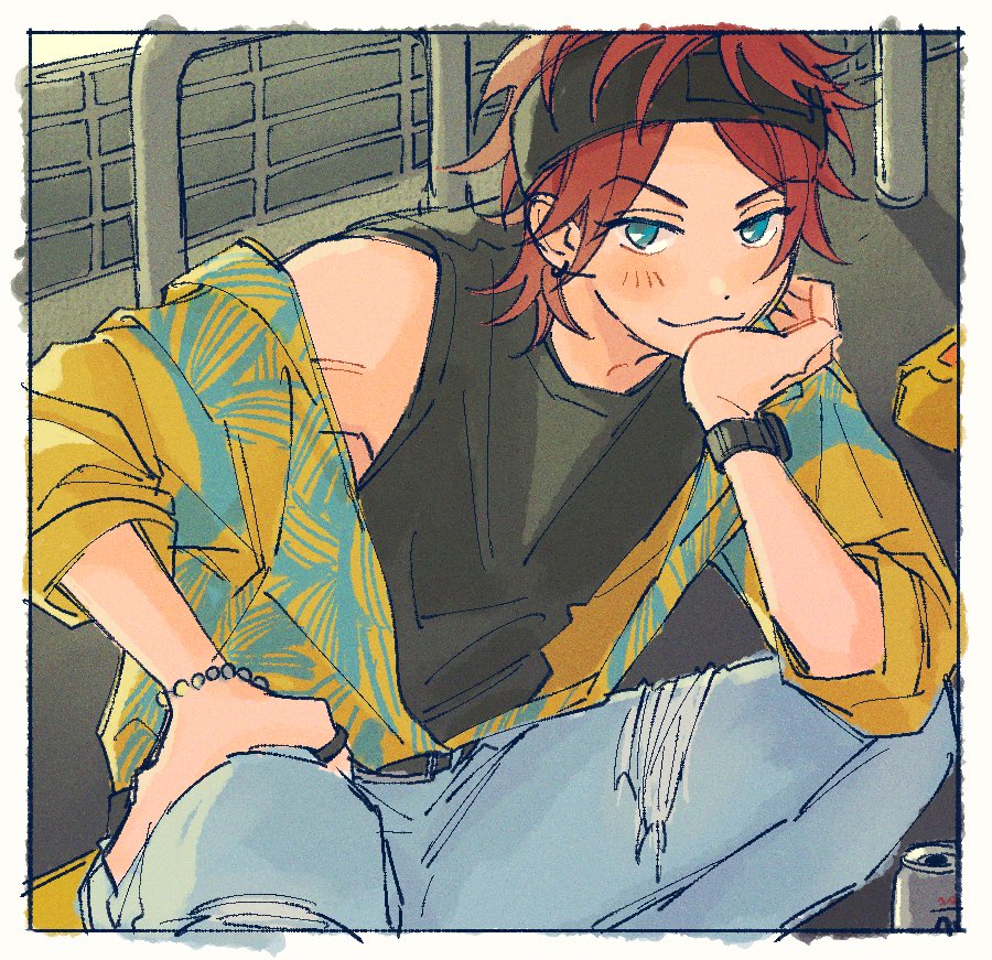 1boy, :3, amagi_rinne, aqua_eyes, aqua_jacket, bead_bracelet, beads, belt, black_belt, black_footwear, black_headband, black_shirt, border, bracelet, can, denim, dochizame-chan_(araburumochi), dot_nose, drink_can, earrings, elbow_on_knee, elbow_rest, ensemble_stars!, feet_out_of_frame, film_grain, half-closed_eyes, hand_on_own_chin, hand_on_own_thigh, head_rest, headband, jacket, jeans, jewelry, long_sleeves, looking_at_viewer, male_focus, messy_hair, multicolored_clothes, multicolored_jacket, open_clothes, open_jacket, outdoors, pants, print_jacket, railing, raised_eyebrow, redhead, ring, shirt, shirt_tucked_in, short_hair, sidelighting, sleeves_past_elbows, soda_can, solo, squatting, thumb_ring, toned, toned_male, torn_clothes, torn_jeans, torn_pants, tsurime, two-tone_jacket, v-shaped_eyebrows, watch, watch, white_border, wolf_cut, yellow_jacket