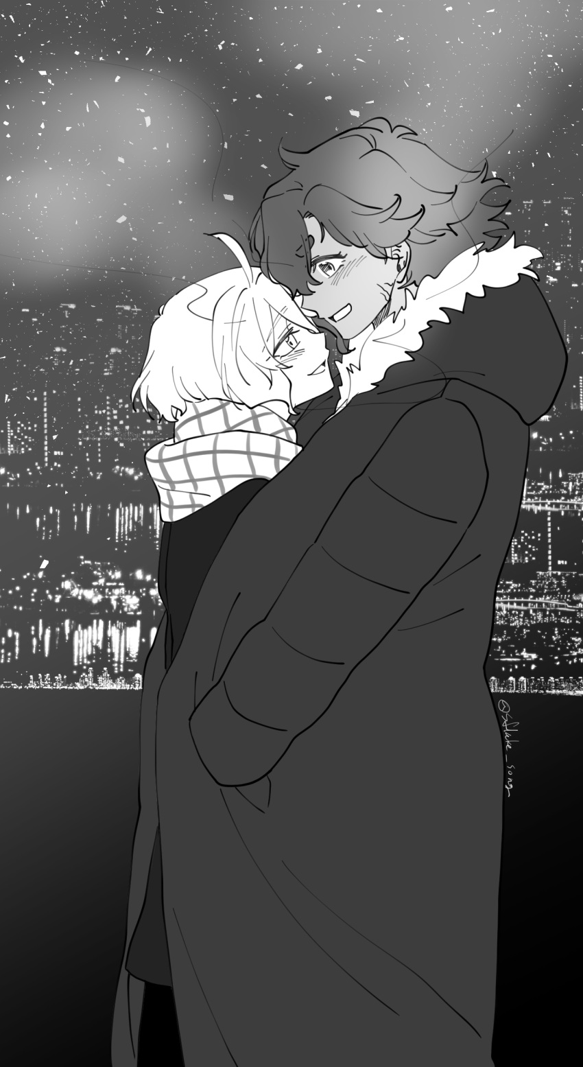 2girls, absurdres, blush, breath, commentary_request, eye_contact, greyscale, grin