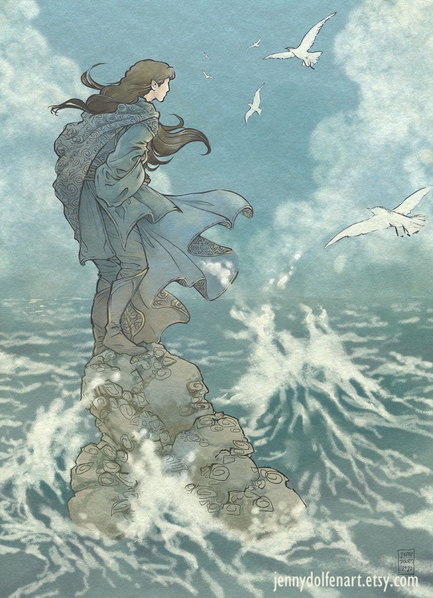 1boy, artist_name, barnacle, bird, black_footwear, black_hair, blue_cape, blue_pants