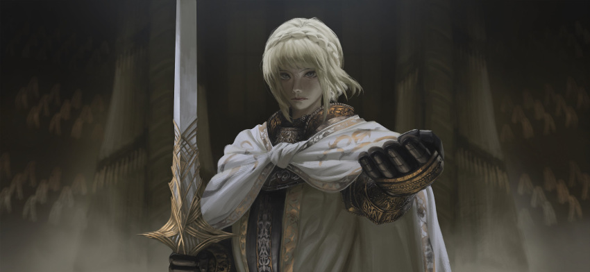 1girl, absurdres, armor, armor_under_clothes, blonde_hair, braid, breastplate, cloak