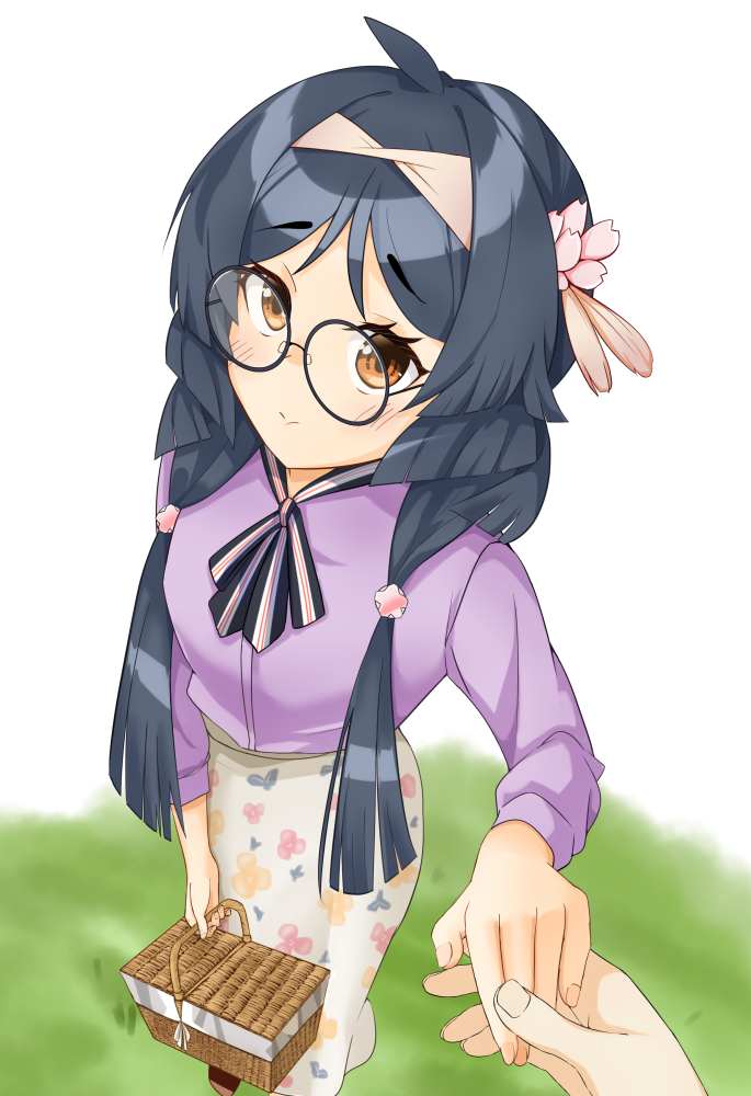 1boy, 1girl, basket, black_hair, brown_eyes, feet_out_of_frame, hair_over_shoulder, hairband