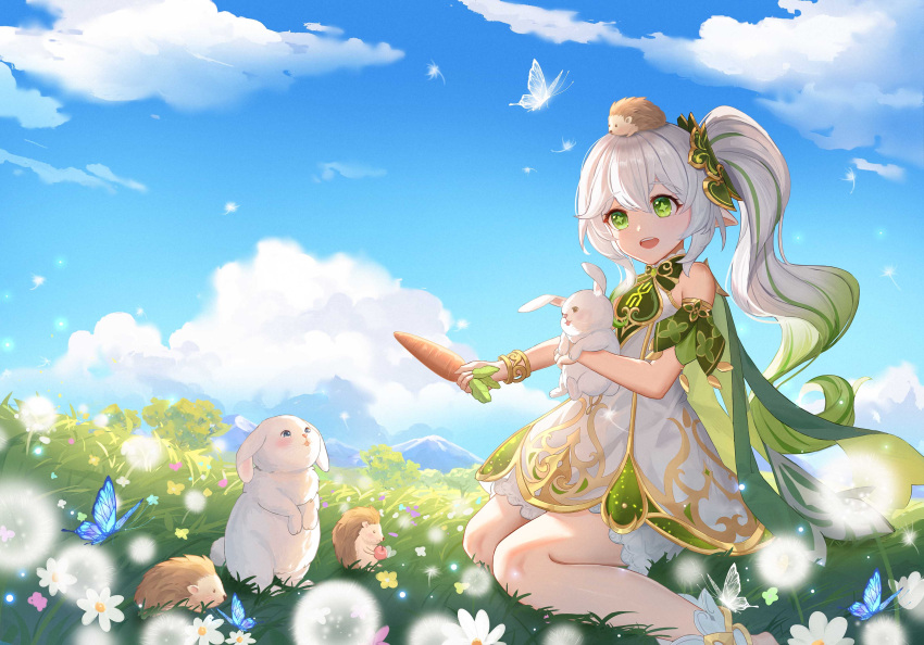 1girl, 777_qiqiuzhe, absurdres, animal, animal_on_head, bare_shoulders, bloomers, blue_butterfly