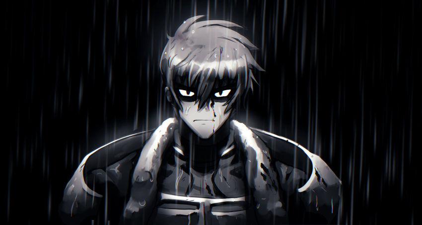 1boy, armor, black_background, blood, blood_on_face, closed_mouth, greyscale, highres, looking_at_viewer, mihaelmilanovic, monochrome, rain, rance, rance_(series), short_hair, shoulder_armor, solo, wet