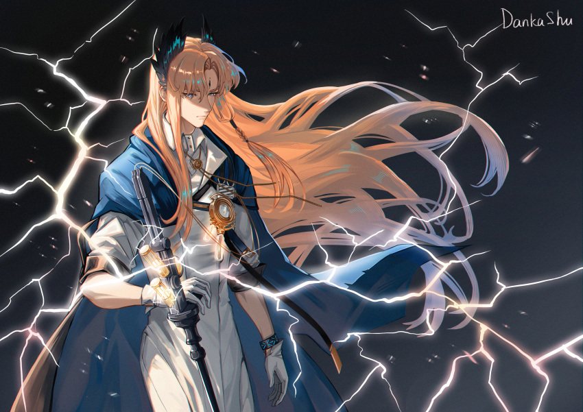 1boy, absurdres, arknights, black_background, blue_cape, blue_eyes, cape, commentary