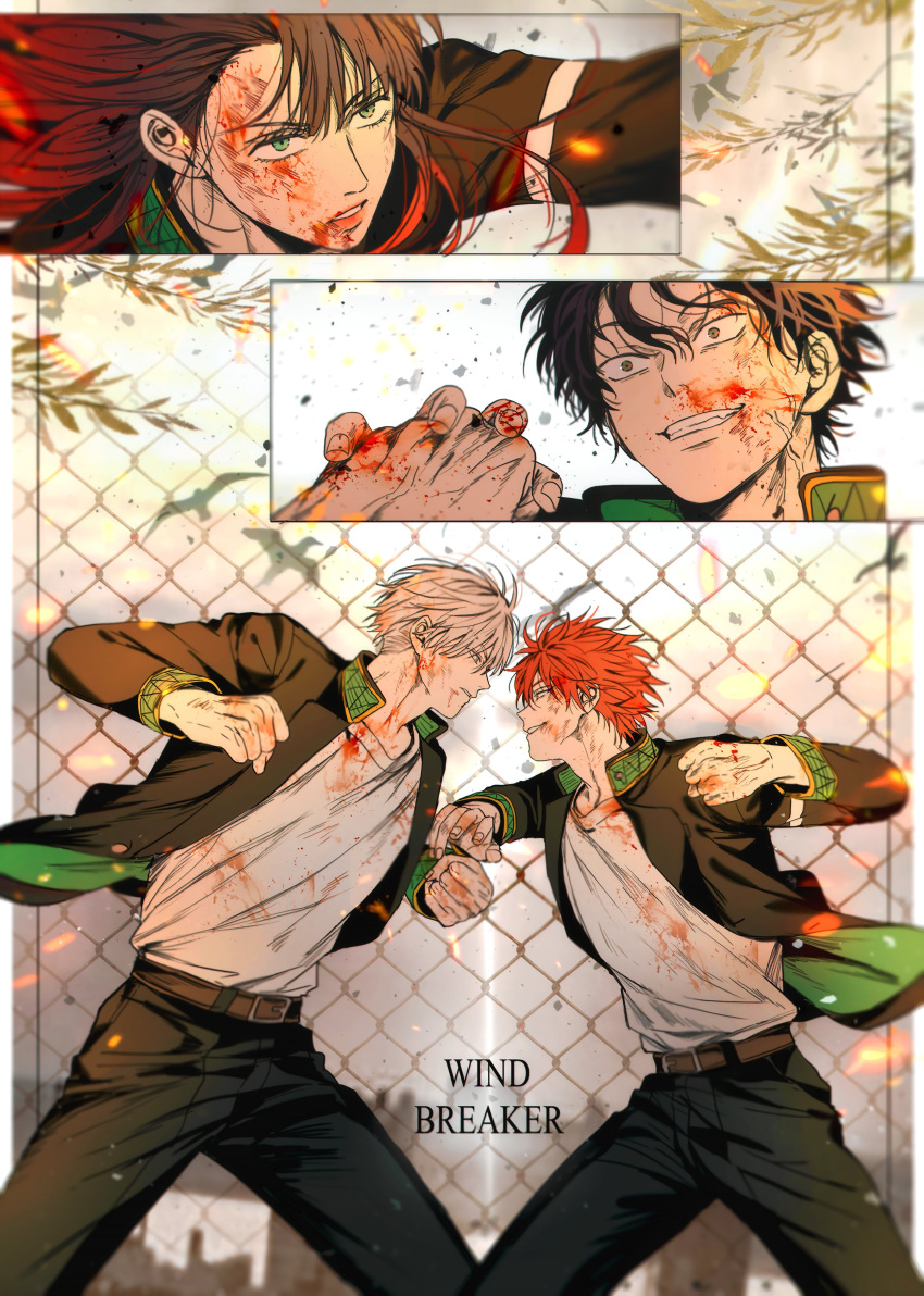 absurdres, belt, bird, black_hair, blood, blood_on_clothes, brown_belt, fence