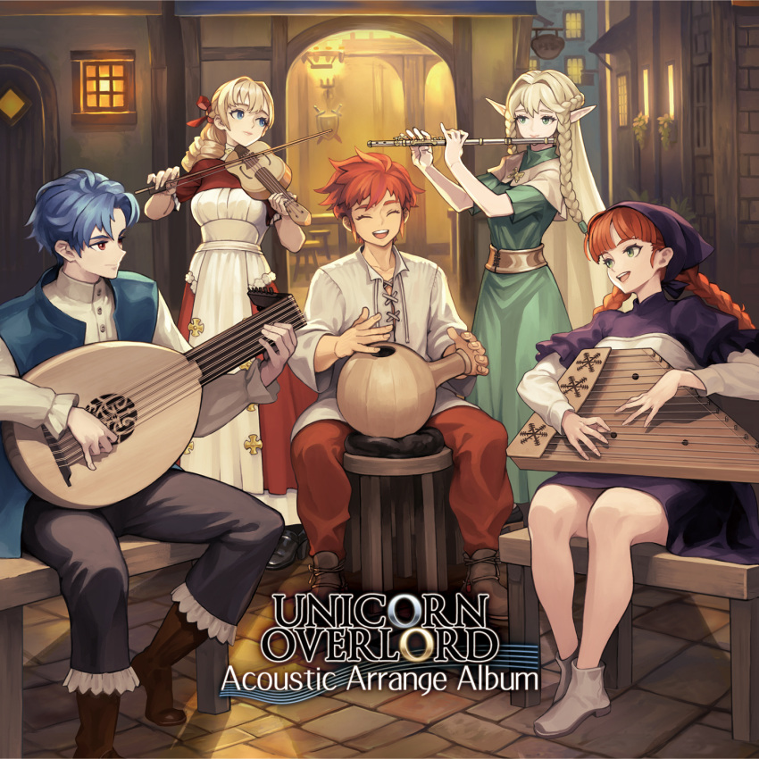 2boys, 3girls, alain_(unicorn_overlord), album_cover, blonde_hair, blue_eyes, blue_hair, braid