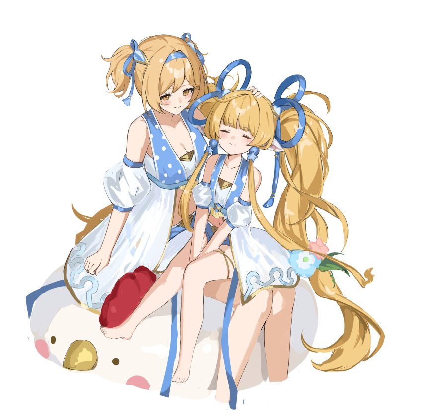 2girls, absurdres, bikini, bird, blonde_hair, blue_bikini, chicken, cosplay, djeeta_(granblue_fantasy), earrings, flower, granblue_fantasy, hair_flower, hair_ornament, hairband, harvin, highres, jewelry, mahira_(granblue_fantasy), mahira_(granblue_fantasy)_(cosplay), multiple_girls, navel, pointy_ears, shiro_wa_(shiroshironix), swimsuit, twintails