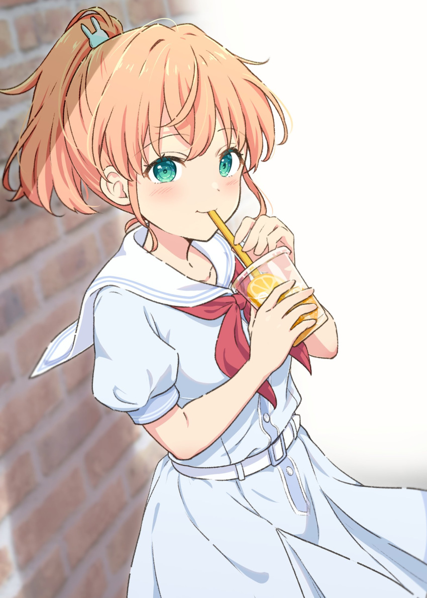 1girl, aqua_eyes, blue_dress, breasts, brick_wall, commentary_request, cowboy_shot, crossed_bangs