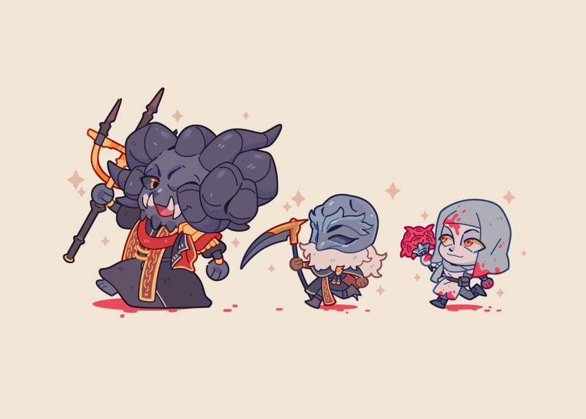 3boys, asymmetrical_horns, beard, black_robe, bouquet, chibi, closed_mouth, elden_ring