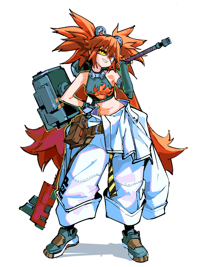 1girl, absurdres, baggy_pants, black_gloves, breasts, detached_sleeves, eyepatch, fingerless_gloves