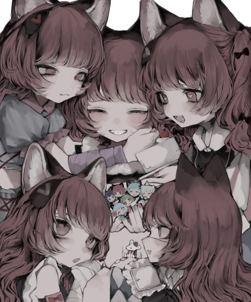 5girls, animal_ears, bandaged_arm, bandages, black_bow, black_ribbon, black_shirt, blush