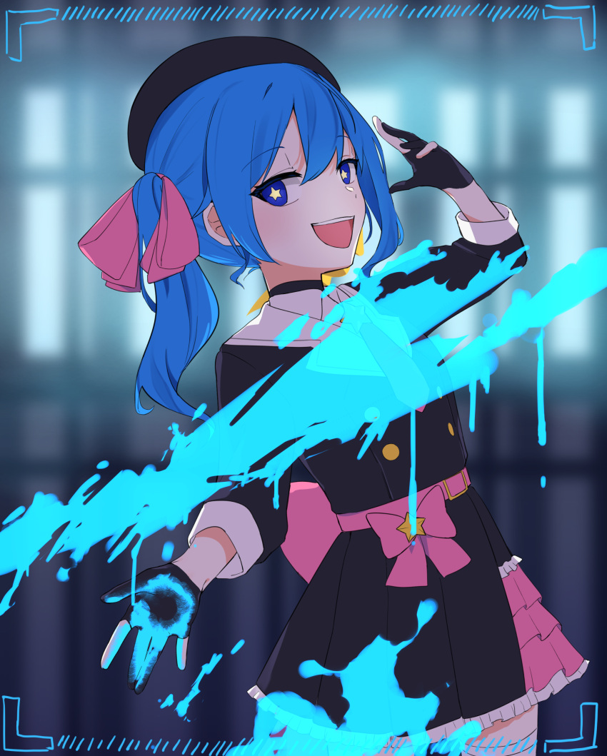 1girl, absurdres, aqua_blood, black_dress, black_gloves, blue_eyes, blue_hair, blurry