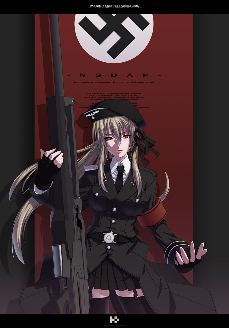 garter_belt, garter_straps, glasses, gun, koahziinoukk, long_hair, military, military_uniform, nazi, necktie, original, red_eyes, rifle, skirt, solo, swastika, thigh-highs, thighhighs, uniform, weapon