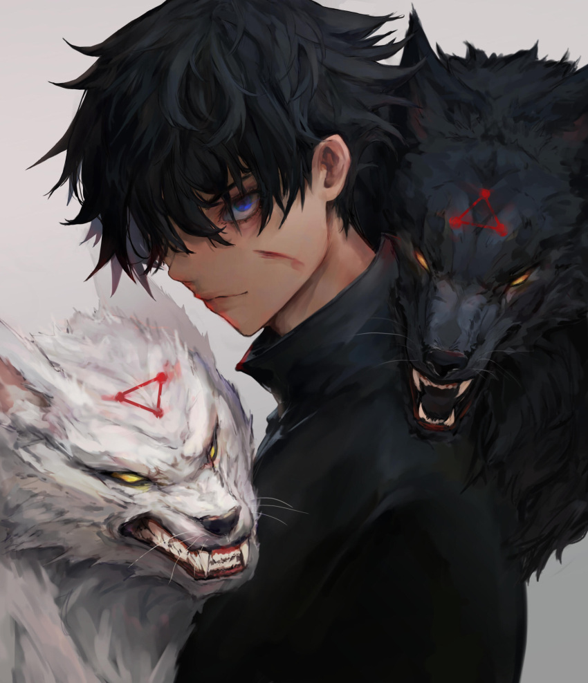 1boy, absurdres, animal, beeprats, black_hair, black_shirt, blue_eyes, closed_mouth