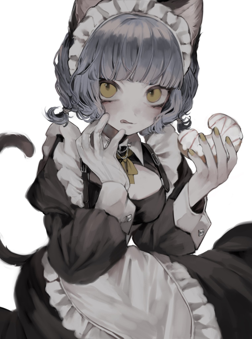 animal_ear_fluff, animal_ears, apron, cat_ears, cat_girl, cat_tail, collared_dress, cowboy_shot