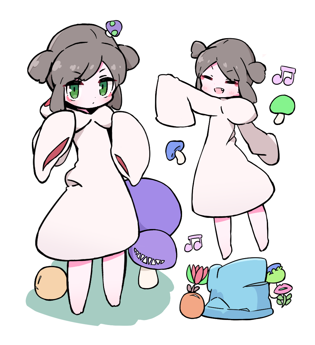 1girl, bucket, closed_eyes, fang, flower, full_body, green_eyes, grey_hair