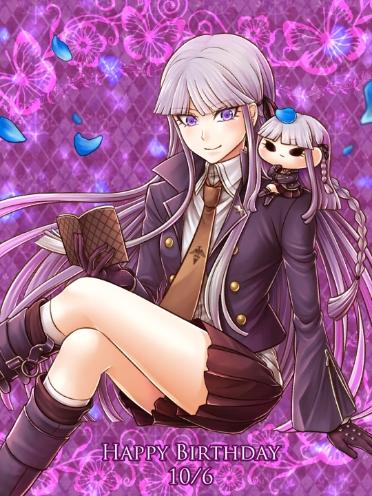 2girls, argyle_background, belt, belt_buckle, black_gloves, black_ribbon, blazer, blunt_bangs