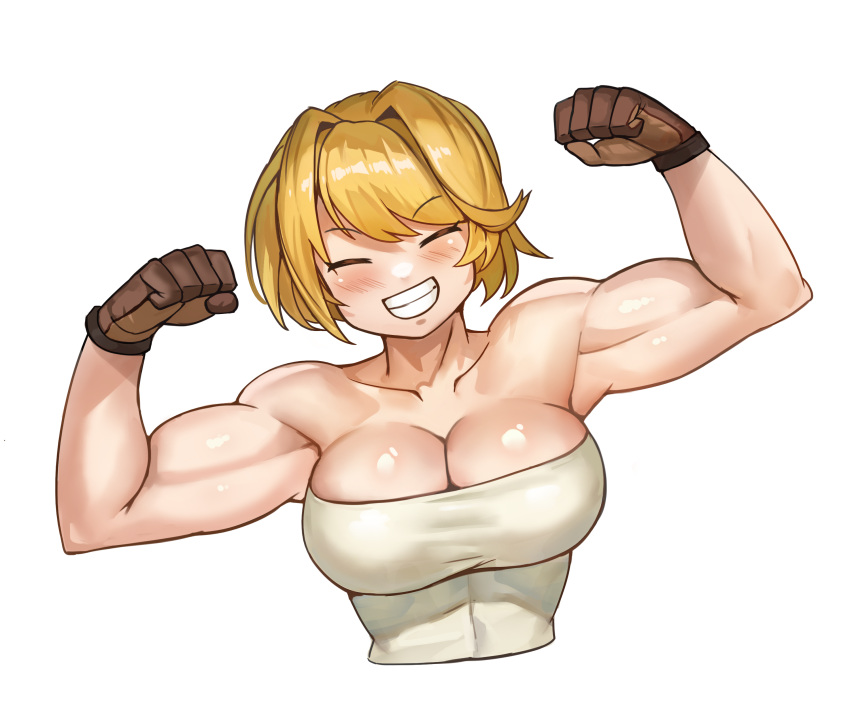 absurdres, aged_up, blonde_hair, chance8000, gloves, highres, hook_(honkai:_star_rail), muscular, muscular_female, non-web_source, short_hair, strapless, tube_top
