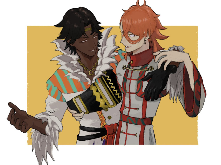 2boys, antenna_hair, aqua_eyeshadow, dark-skinned_male, dark_skin, earrings, eyeshadow, feather_collar