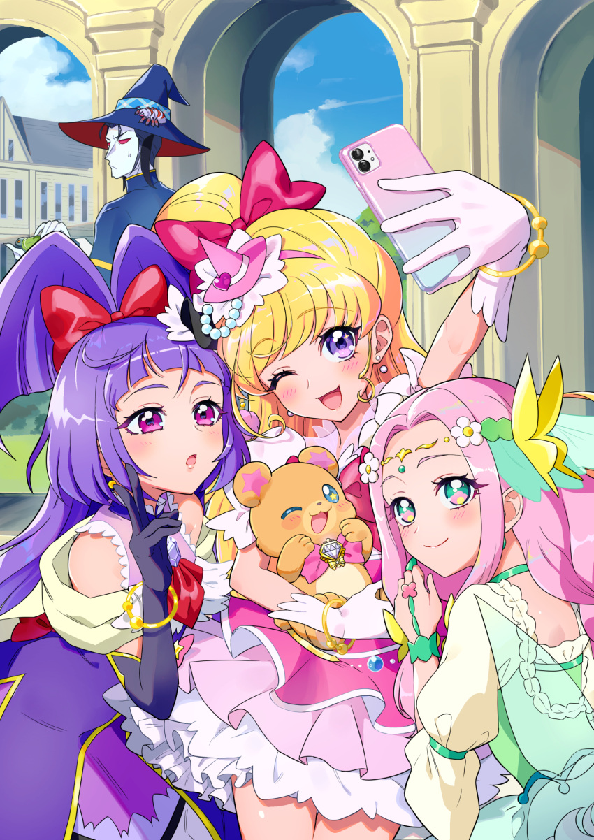 1boy, 1other, 3girls, asahina_mirai, asdge23, batty_(mahou_girls_precure!), black_hat, blonde_hair