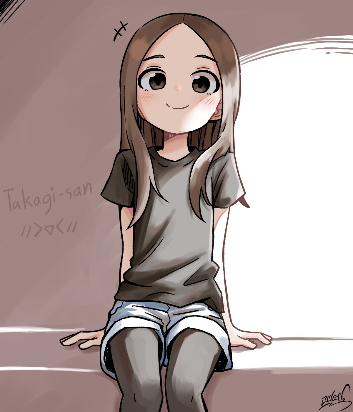 +++, arm_support, bang, black_shirt, blush, emoticon, hair_over_shoulder, highres