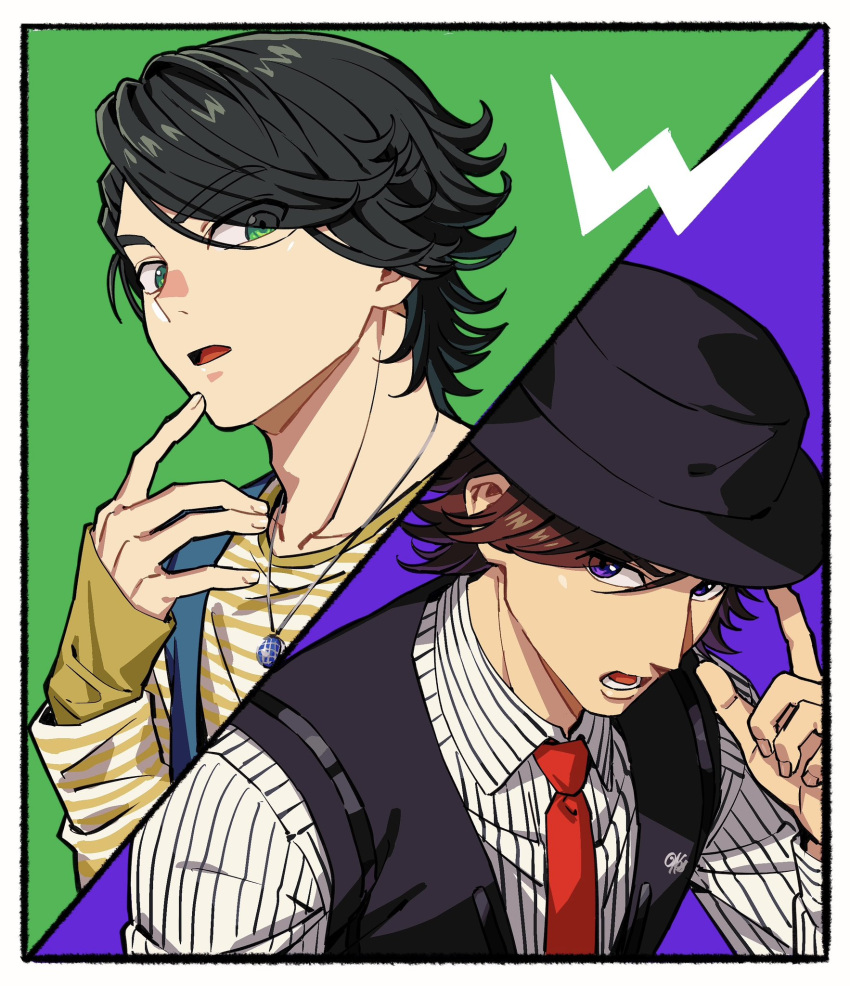 2boys, black_hair, black_hat, black_vest, border, brown_hair, collarbone, collared_shirt