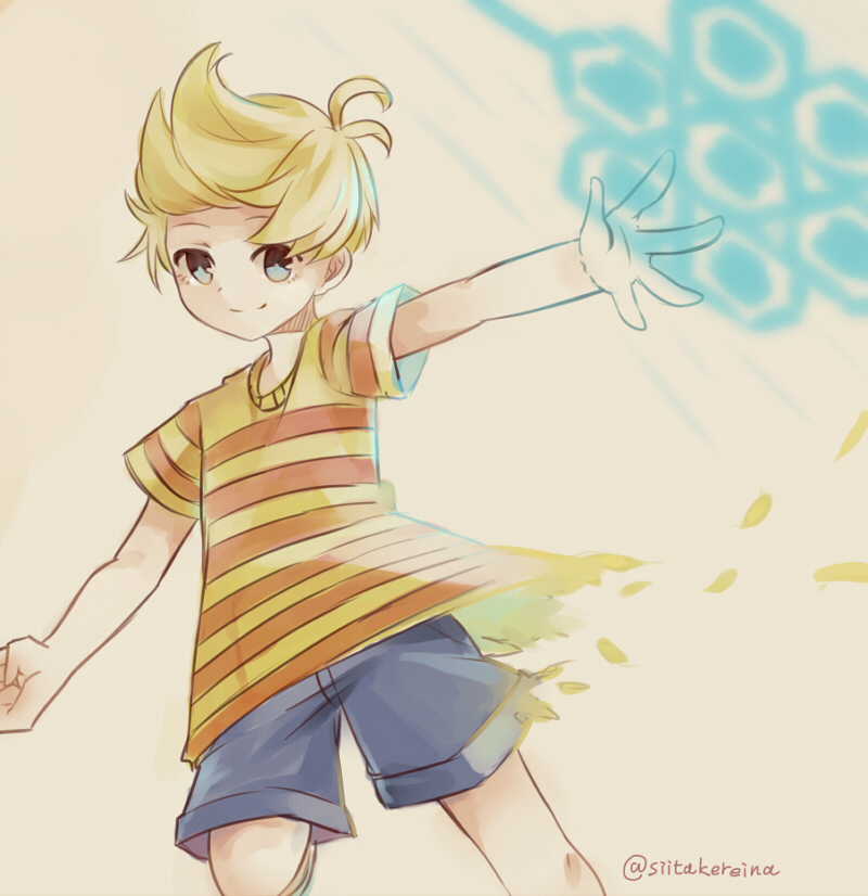 1boy, blonde_hair, blue_shorts, casting_spell, closed_mouth, grey_eyes, lucas_(mother_3), male_focus