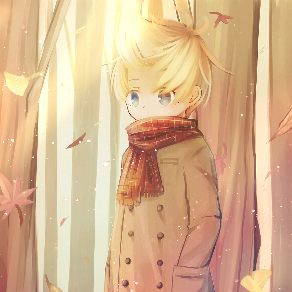 1boy, autumn, blonde_hair, brown_coat, coat, falling_leaves, forest, grey_eyes