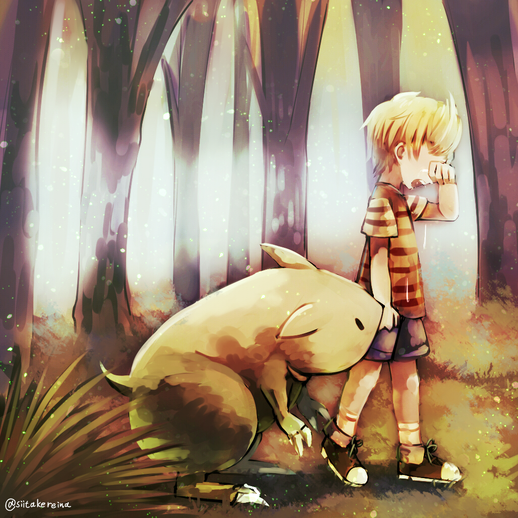 1boy, blonde_hair, claws, crying, drago, forest, from_side, full_body